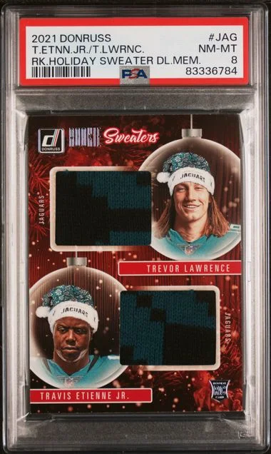 2021 Panini Donruss Travis Etienne Jr./Trevor Lawrence Holiday Sweater Dual Memorabilia #JAG card image