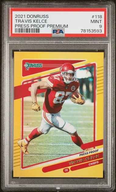2021 Panini Donruss Travis Kelce Press Proof Premium #118 card image