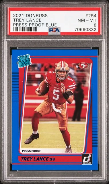 2021 Panini Donruss Trey Lance Press Proof Blue #254 card image