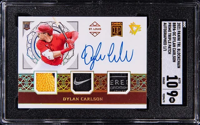 2021 Panini Dylan Carlson Triforce Blockchain Prime Prospects Triple Patch Autograph #BBPA-DC card image