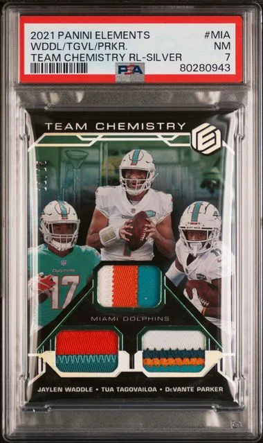 2021 Panini Elements Team Chemistry Relics Silver Mia Devante Parker/Jaylen Waddle/Tua Tagovailoa #no-number card image