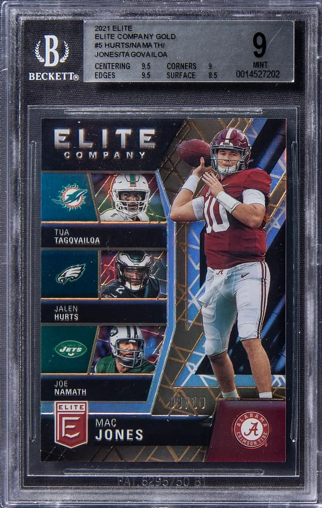2021 Panini Elite Mac Jones/Tua Tagovailoa/Jalen Hurts/Joe Namath Company Gold #EC5 card image
