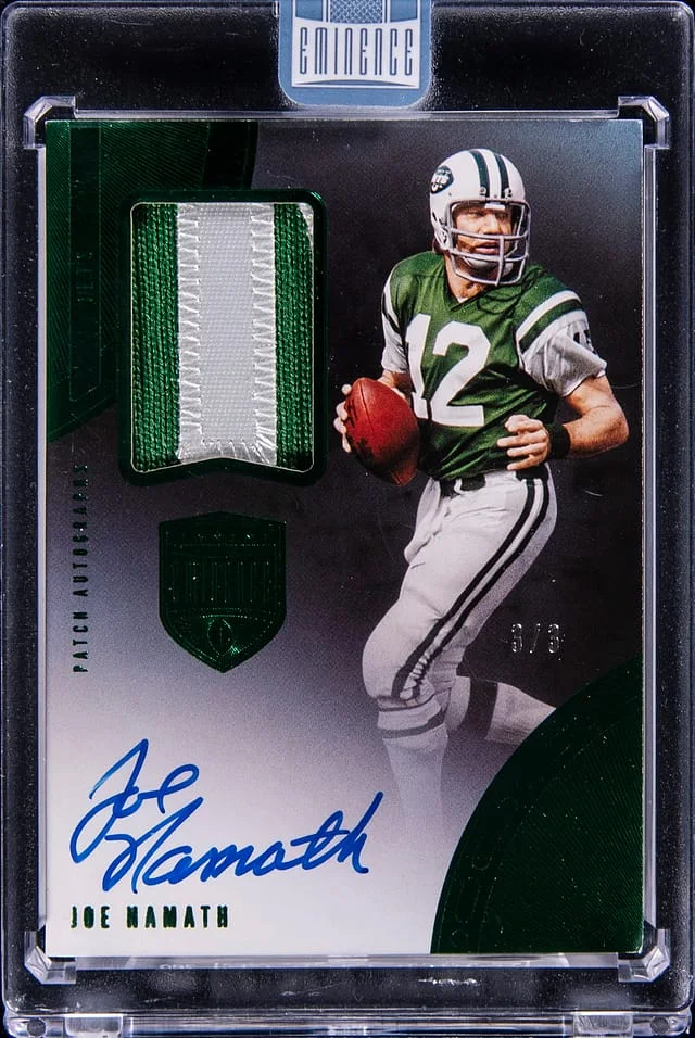 2021 Panini Eminence Joe Namath Patch Autographs Emerald #PA-JN card image