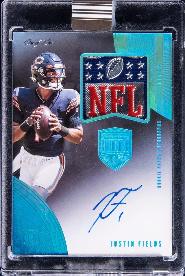 2021 Panini Eminence Justin Fields Patch Autograph (RPA) Platinum #RPA-JF card image