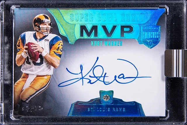 2021 Panini Eminence Kurt Warner Super Bowl MVP Diamond Signatures Platinum #SB-XXXIV card image
