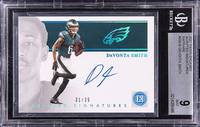 2021 Panini Encased Devonta Smith Scripted Signatures-Sapphire #SS-DS card image
