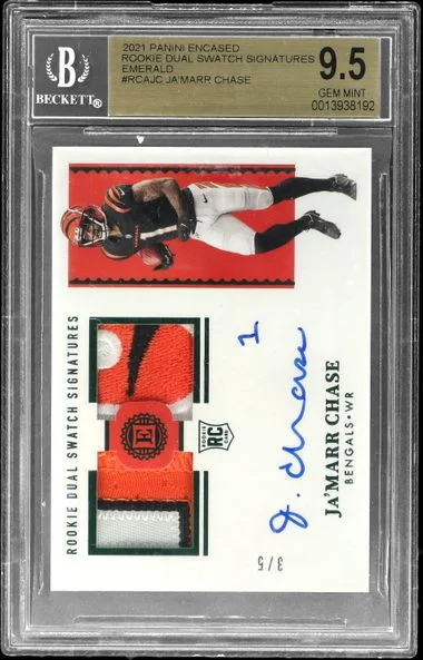 2021 Panini Encased Ja'Marr Chase Dual Swatch Signatures Emerald #RCA-JC card image