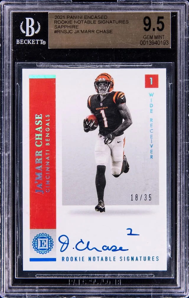2021 Panini Encased Ja'Marr Chase Notable Signatures Sapphire #RNS-JC card image