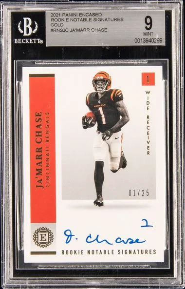 2021 Panini Encased Ja'Marr Chase Notable Signatures Gold #RNSJC card image