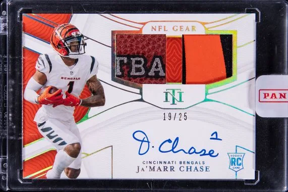 2021 Panini Encased Ja'Marr Chase Panini National Treasures NFL Gear Signature Combos Holo Silver #Rsc-Jc card image