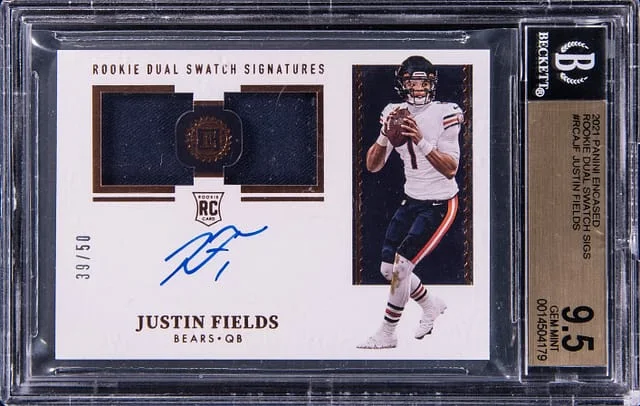 2021 Panini Encased Justin Fields Dual Swatch Signatures #RCAJF card image