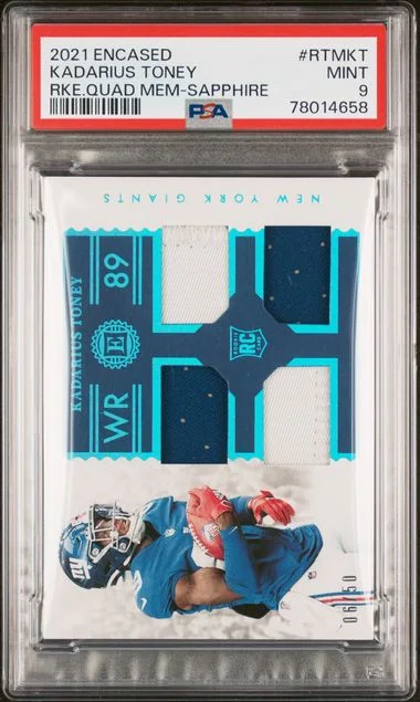 2021 Panini Encased Kadarius Toney Quad Memorabilia Sapphire #RTM-KT card image