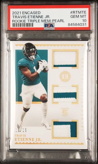 2021 Panini Encased Travis Etienne Jr. Triple Memorabilia Pearl #RTMTE card image
