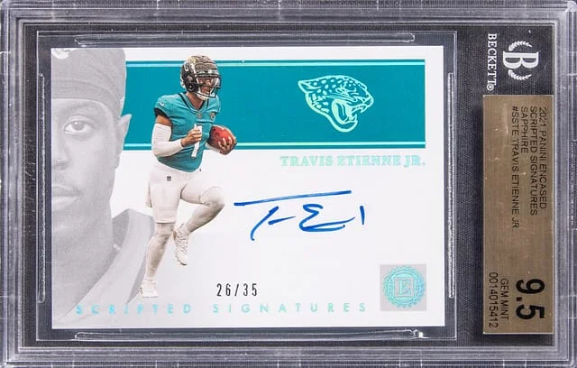 2021 Panini Encased Travis Etienne Jr. Scripted Signatures Sapphire #SS-TE card image