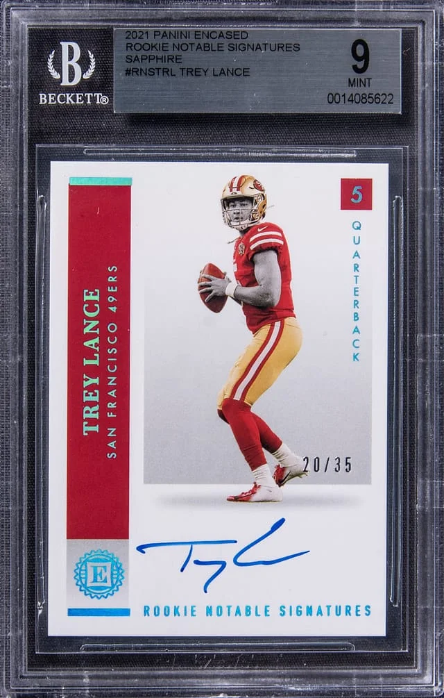 2021 Panini Encased Trey Lance Notable Signatures Sapphire #RNS-TRL card image