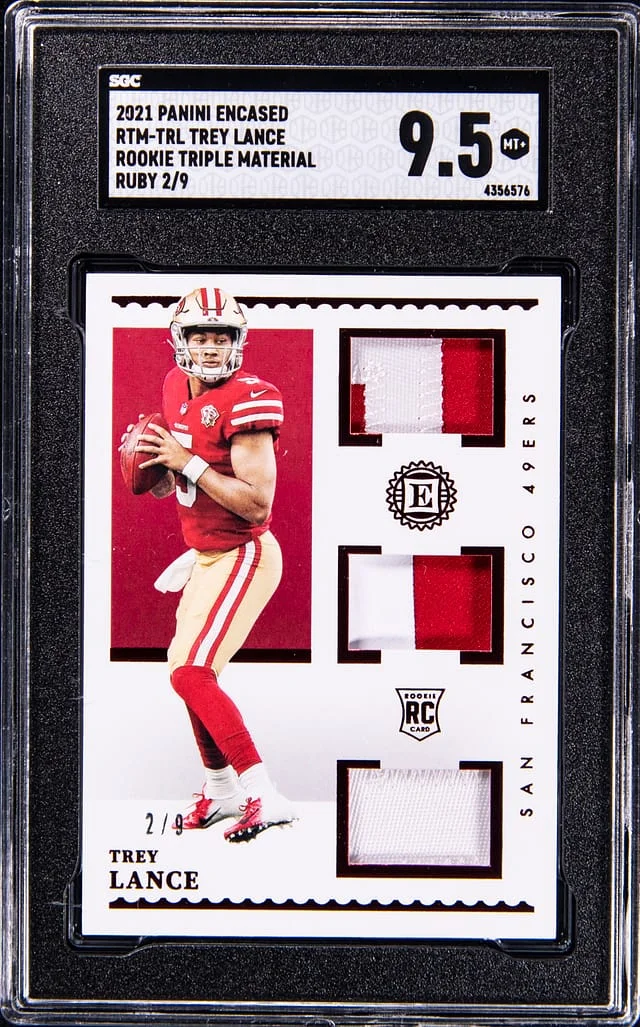 2021 Panini Encased Trey Lance Triple Material Ruby #RTM-TRL card image