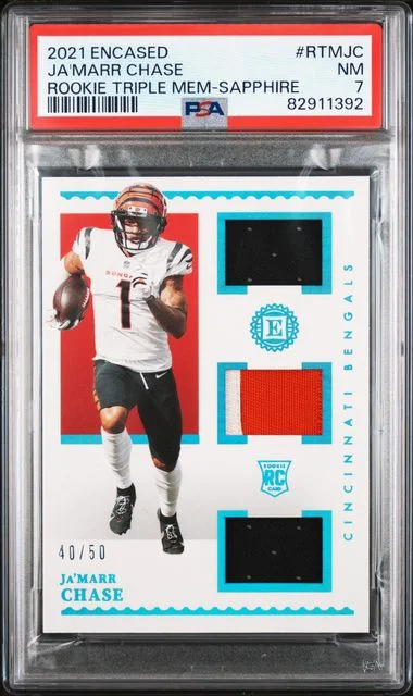 2021 Panini Encased Triple Memorabilia Sapphire Rtmjc Ja'Marr Chase #no-number card image