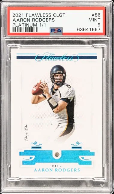 2021 Panini Flawless 86 Aaron Rodgers Collegiate Platinum #1/1 card image