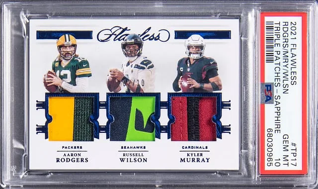 2021 Panini Flawless Aaron Rodgers/Russell Wilson/Kyler Murray Triple Patches Sapphire #TP17 card image