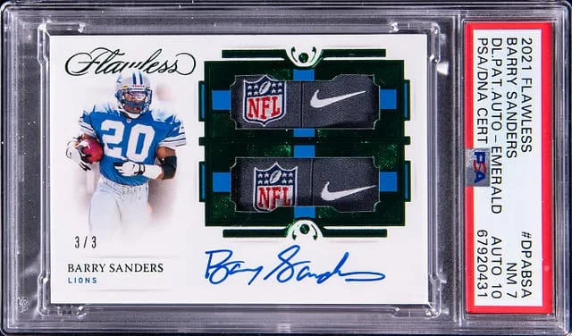 2021 Panini Flawless Barry Sanders Dual Patch Autograph Emerald #DPA-BSA card image