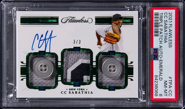 2021 Panini Flawless CC Sabathia Triple Patch Autograph Emerald #TPA-CC card image