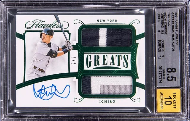 2021 Panini Flawless Ichiro Greats Dual Memorabilia Autographs Emerald #GDM-I card image