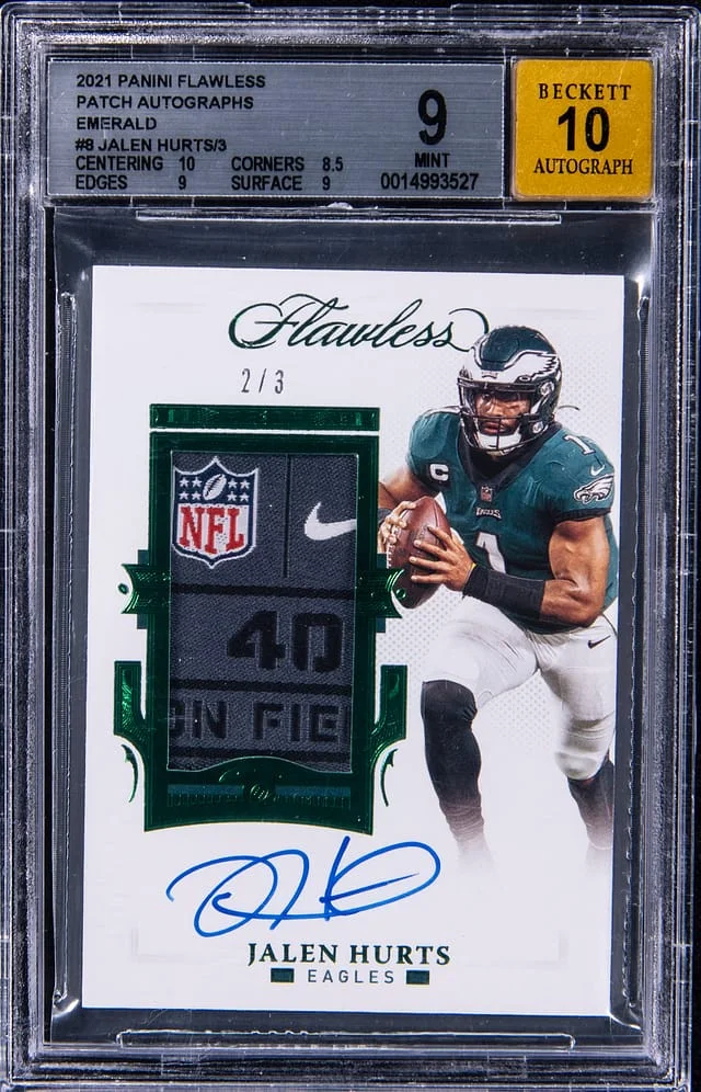 2021 Panini Flawless Jalen Hurts Patch Autographs Emerald #PA-JHU card image