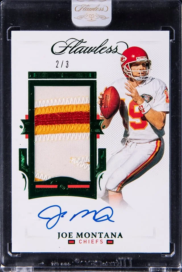 2021 Panini Flawless Joe Montana Patch Autograph Emerald #PA-JMO card image