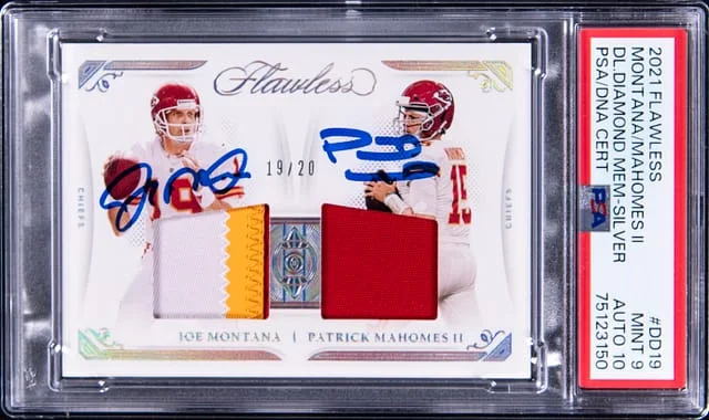 2021 Panini Flawless Joe Montana/Patrick Mahomes II Dual Dual Diamond Memorabilia Silver #DD19 card image