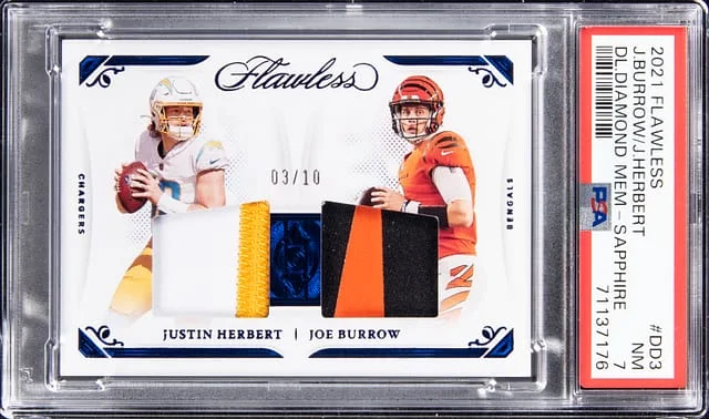2021 Panini Flawless Justin Herbert/Joe Burrow Dual Diamond Memorabilia Ruby #DD3 card image