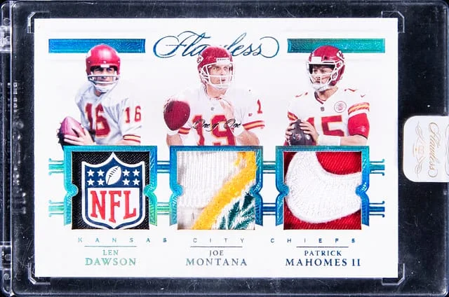2021 Panini Flawless Len Dawson/Joe Montana/Patrick Mahomes II Triple Patches Platinum #TP14 card image
