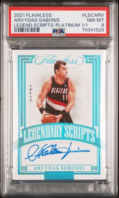 2021 Panini Flawless Lscarv Arvydas Sabonis Legendary Scripts Platinum #1/1 card image