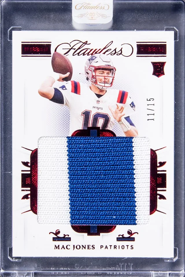 2021 Panini Flawless Mac Jones Patch – Panini Encased Patches Ruby #RP11 card image