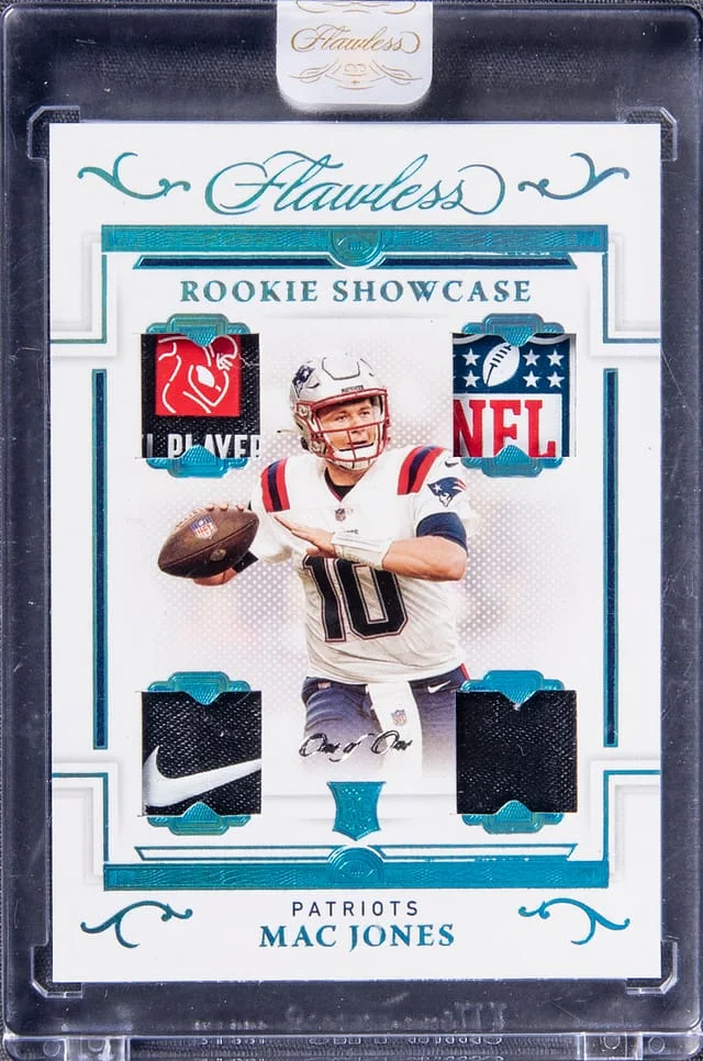 2021 Panini Flawless Mac Jones Patch – Panini Encased Showcase Platinum #RS10 card image