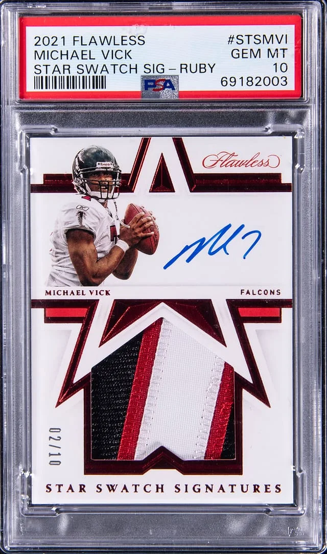 2021 Panini Flawless Michael Vick Star Swatch Signatures Ruby #STSMVI card image