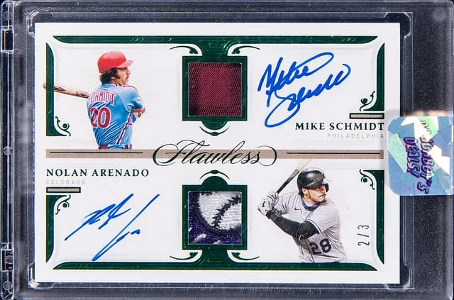 2021 Panini Flawless Mike Schmidt/Nolan Arenado Dual-Signature Patches Emerald #DSP-MN card image