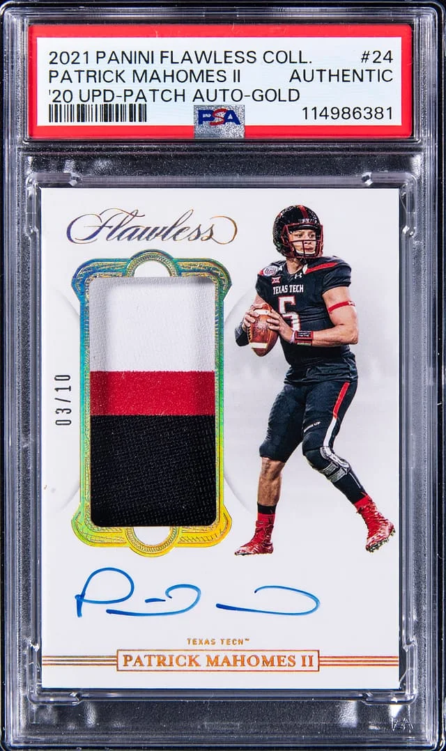 2021 Panini Flawless Patrick Mahomes Collegiate '20 Flawless Update Patch Autographs Gold #24 card image