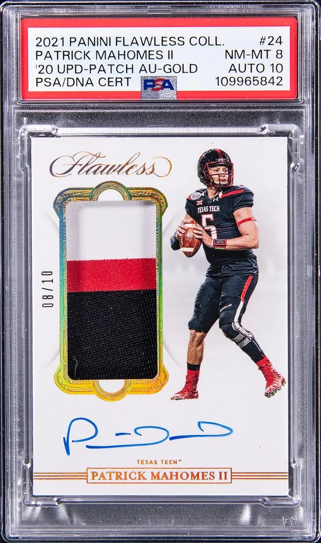 2021 Panini Flawless Patrick Mahomes II Collegiate '20 Update Patch Autograph Gold #24 card image