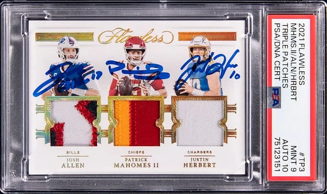 2021 Panini Flawless Patrick Mahomes II/Josh Allen/Justin Herbert Multi-Signed Triple Patches #TP3 card image