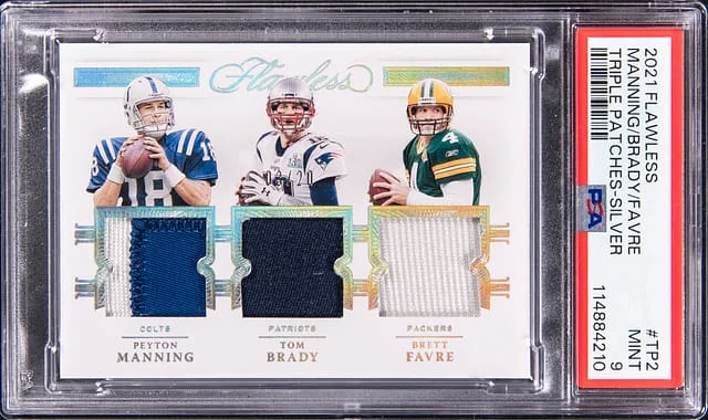 2021 Panini Flawless Peyton Manning, Tom Brady, Brett Favre Triple Patches Silver #TP2 card image