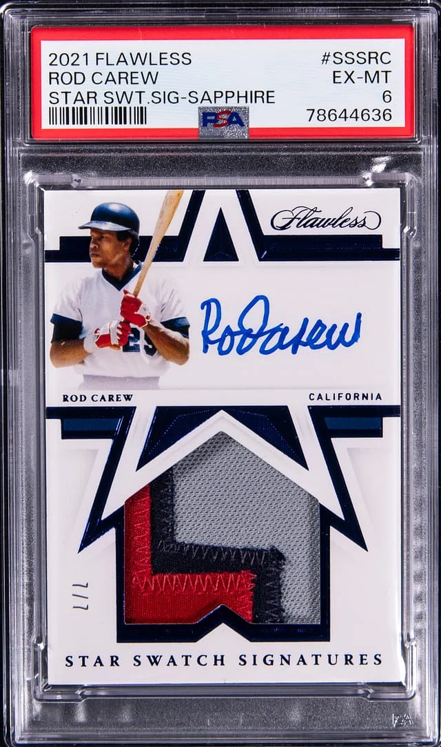 2021 Panini Flawless Rod Carew Star Swatch Signature Sapphire #SSS- card image