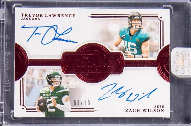 2021 Panini Flawless Trevor Lawrence/Zach Wilson Dual Autograph Ruby #FDA-LW card image