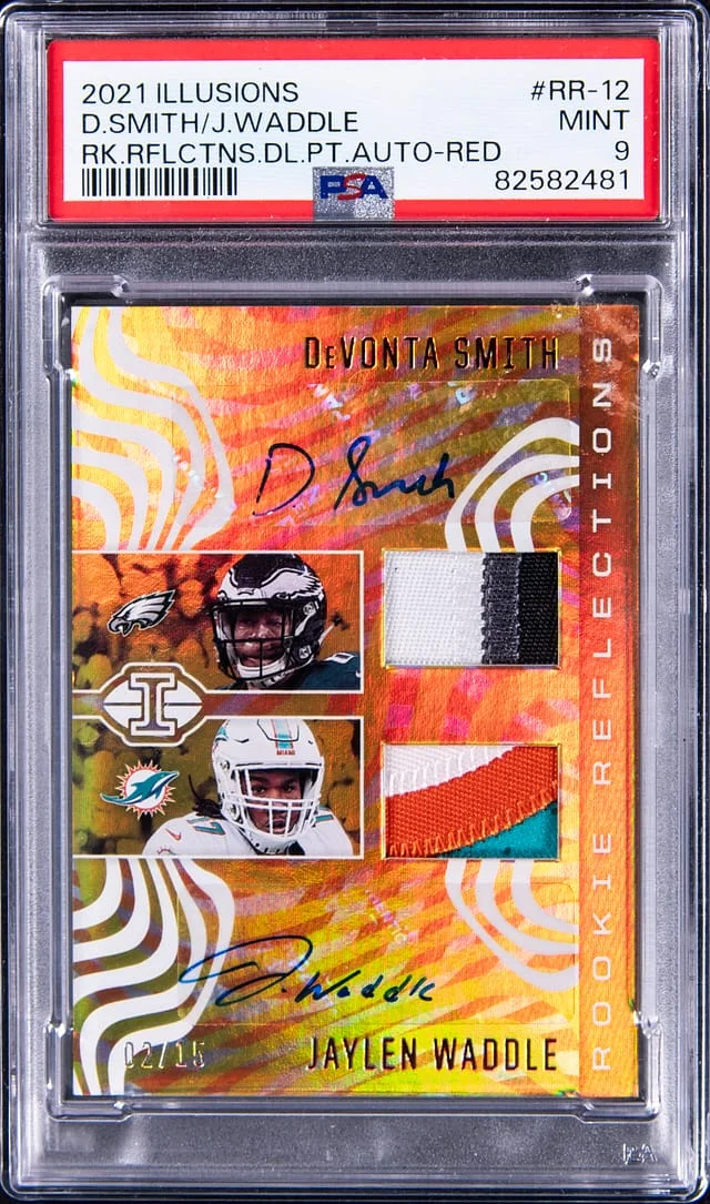 2021 Panini Illusions Devonta Smith/Jaylen Waddle Reflections Dual Patch Autographs #RR-12 card image