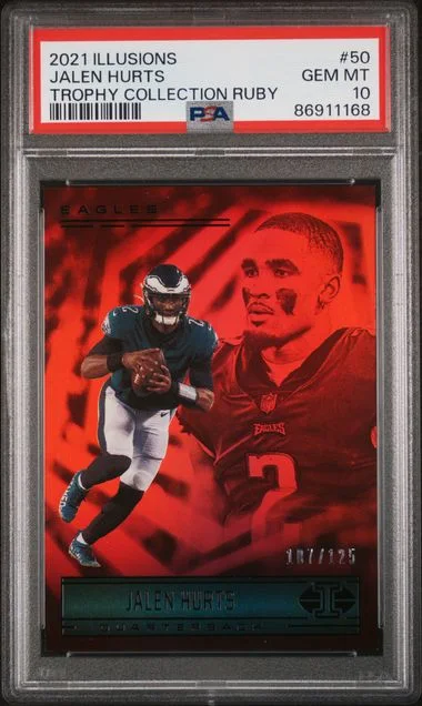 2021 Panini Illusions Jalen Hurts Trophy Collection Ruby #50 card image