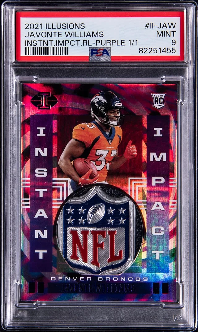 2021 Panini Illusions Javonte Williams Instant Impact Relic Purple #II-JAW card image