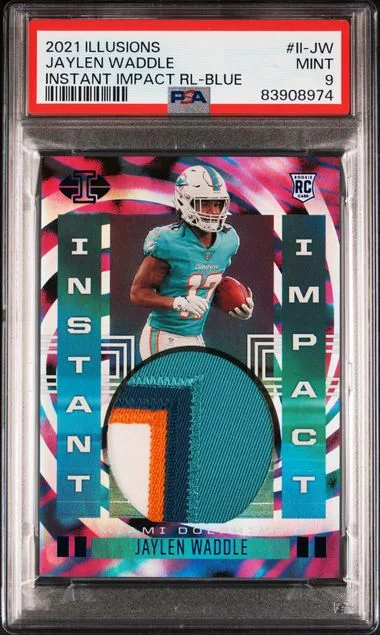 2021 Panini Illusions Jaylen Waddle Instant Impact Relics Blue #LI-JW card image