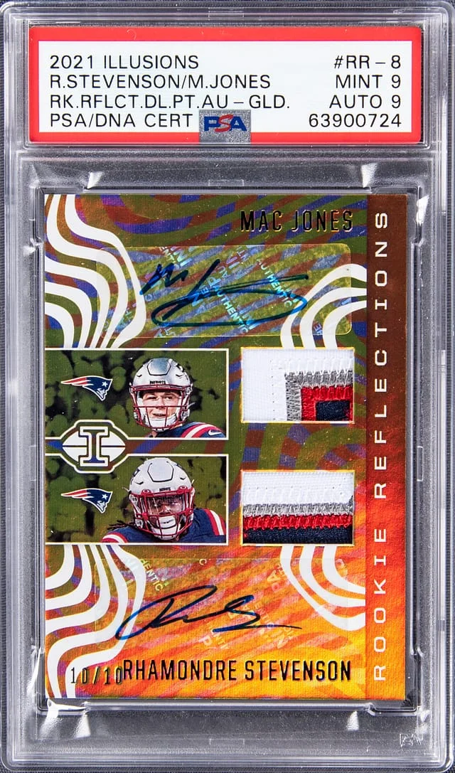 2021 Panini Illusions Mac Jones & Rhamondre Stevenson Dual Reflections Gold #RR-8 card image