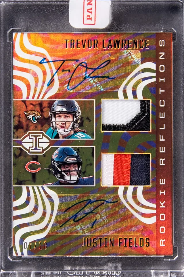 2021 Panini Illusions Trevor Lawrence/Justin Fields Reflections Dual Patch Autographs Blue #RR-3 card image