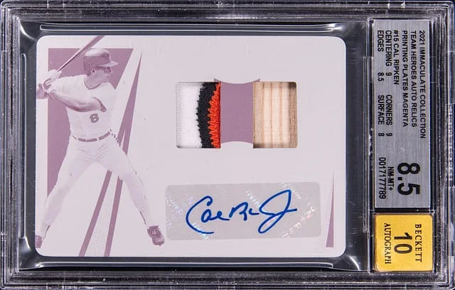 2021 Panini Immaculate Collection Cal Ripken Team Heroes Autograph Relics Printing Plates Magenta #TH-CR card image