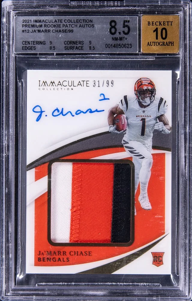 2021 Panini Immaculate Collection Ja'Marr Chase Premium Patch Autographs #12 card image